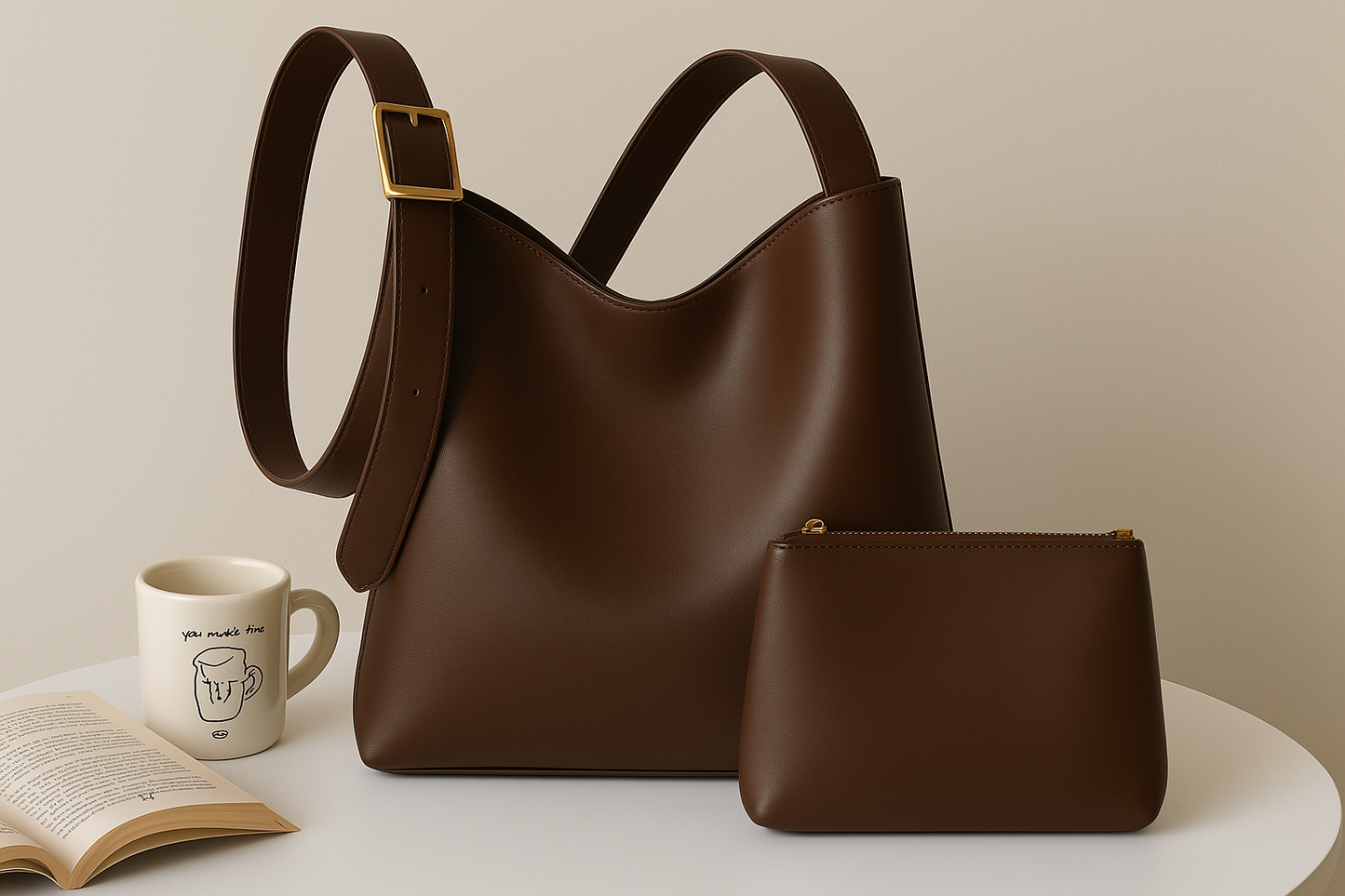Sac à main bandoulière marron + sa pochette