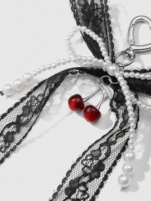 The cherry cult collection : Charm with a black lace and pearl bow ribbon and the cherries - Kamuxury