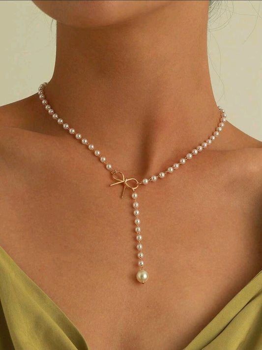 Pearl Necklace with ribbon pendant - Kamuxury