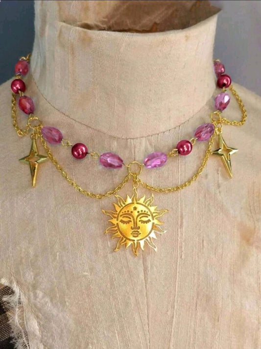 Luna collection : Sun and stars necklace (pink or blue) - Kamuxury