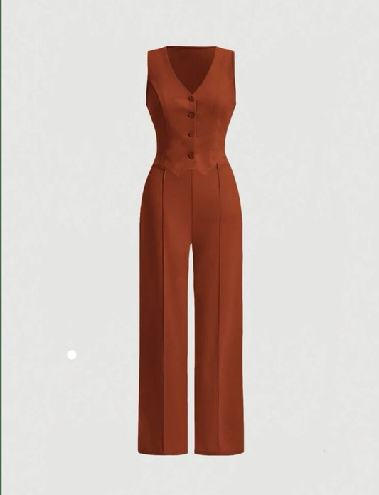 Chic Sophistication: Ladies' Solid Color Vest And Pants 2pcs/Set