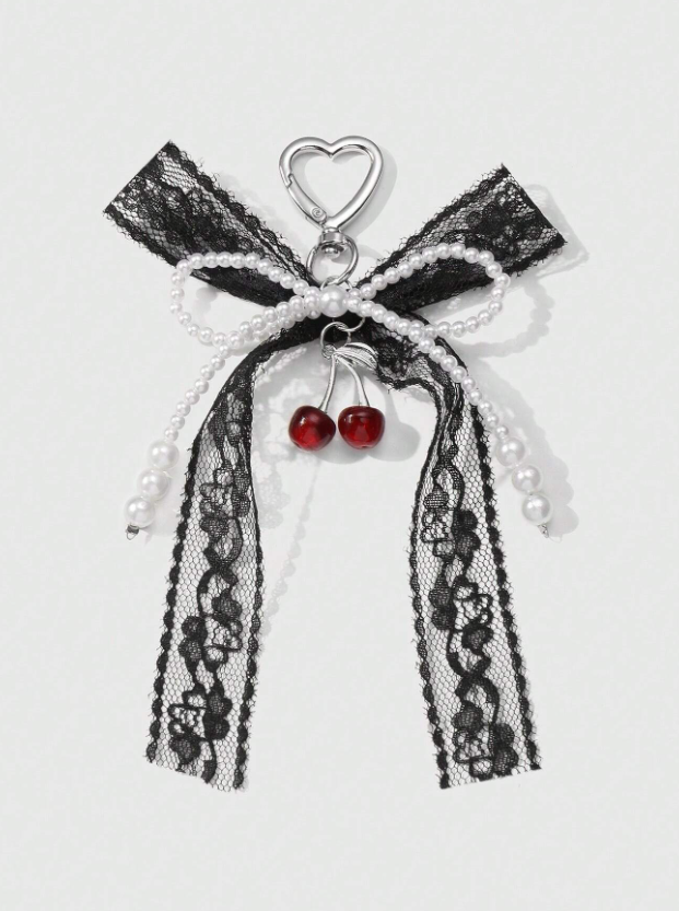 The cherry cult collection : Charm with a black lace and pearl bow ribbon and the cherries - Kamuxury