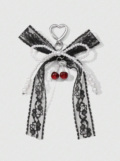 The cherry cult collection : Charm with a black lace and pearl bow ribbon and the cherries - Kamuxury