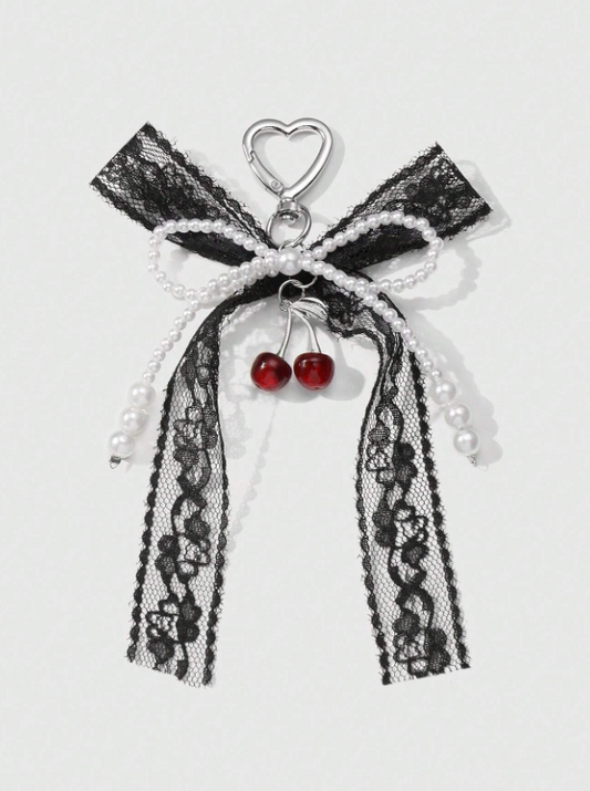 The cherry cult collection : Charm with a black lace and pearl bow ribbon and the cherries - Kamuxury