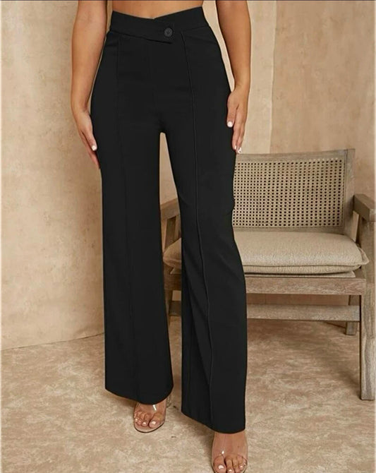 Step into Style: Spring/Summer Chic with Our Overlapping Waist Seam Black Wide Leg Pants!