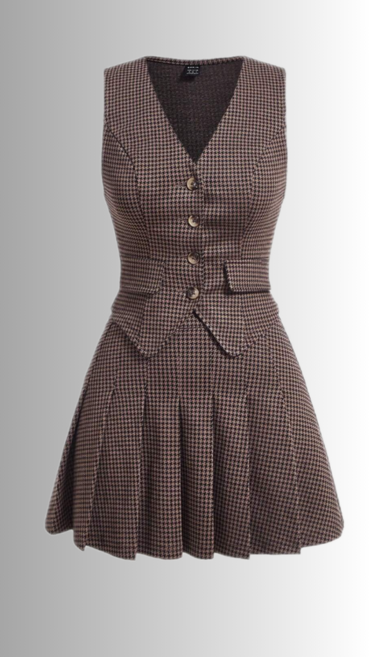Timeless Elegance: Elevate Your Style with Our Checkered Vest & Pleated Skirt Set!