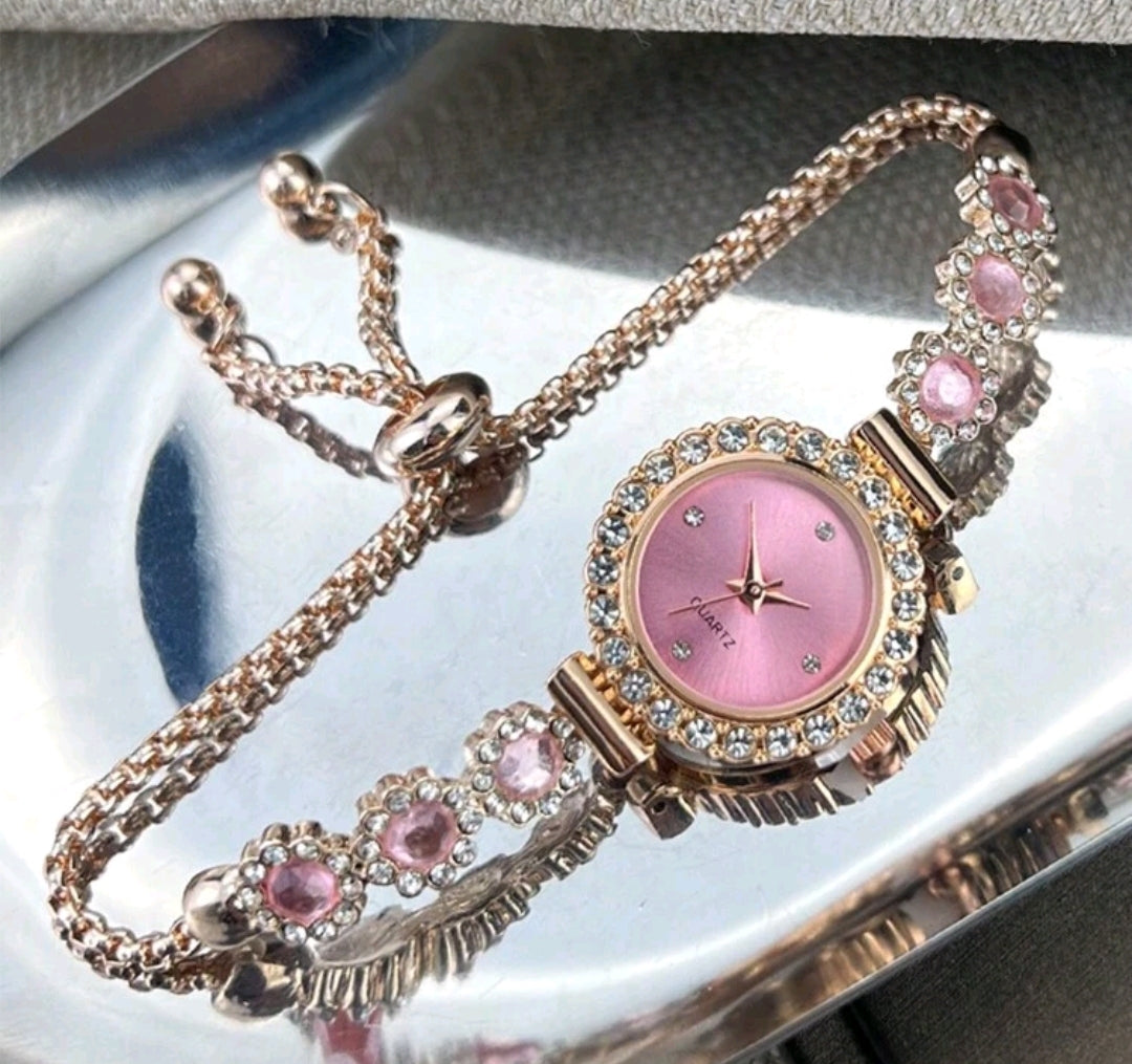 Rose Crystal Bead Bracelet Watch for Women