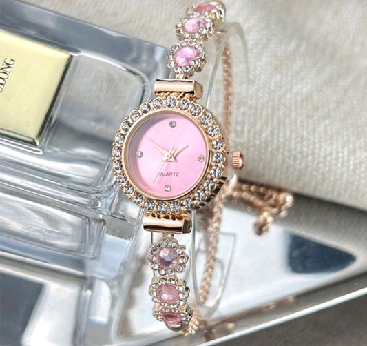 Rose Crystal Bead Bracelet Watch for Women