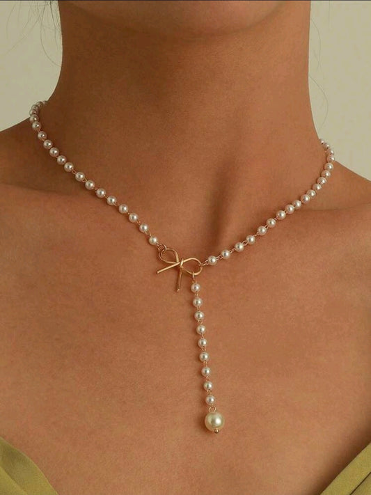 Pearl Necklace with ribbon pendant - Kamuxury