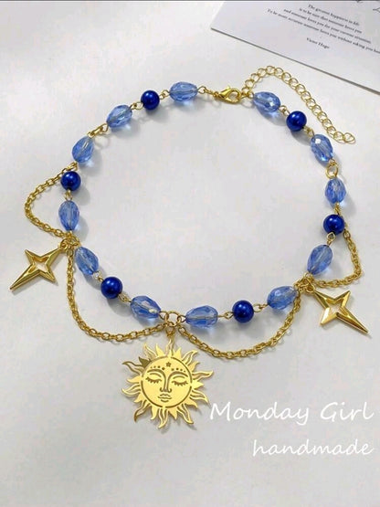 Luna collection : Sun and stars necklace (pink or blue) - Kamuxury